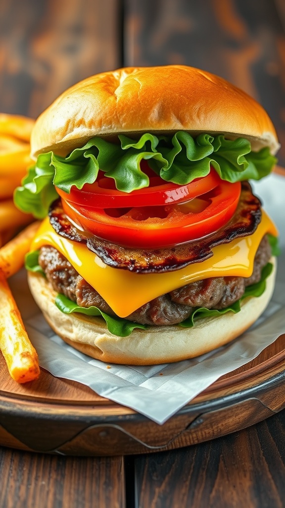 Juicy air fryer burger on a bun with lettuce, tomato, and cheese, served with fries on a rustic table.
